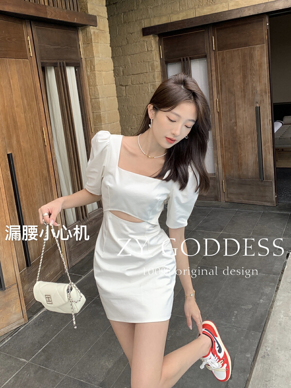 [ZY] temperament careful machine waist exposed square neck dress 68299# ozq