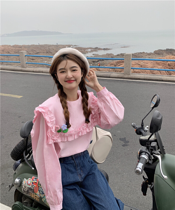 早春上新！【及時雨】韓風ins甜美可愛娃娃大翻領襯衫(配可卸花朵)  00061#  YYW