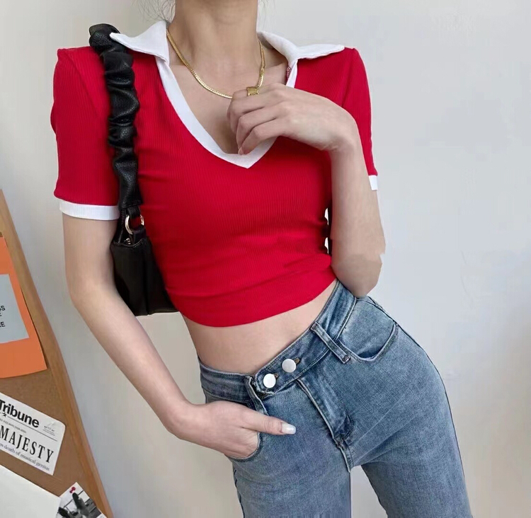 [Baobao] casual contrast color slim fit short sleeve T-shirt 5782# ozq