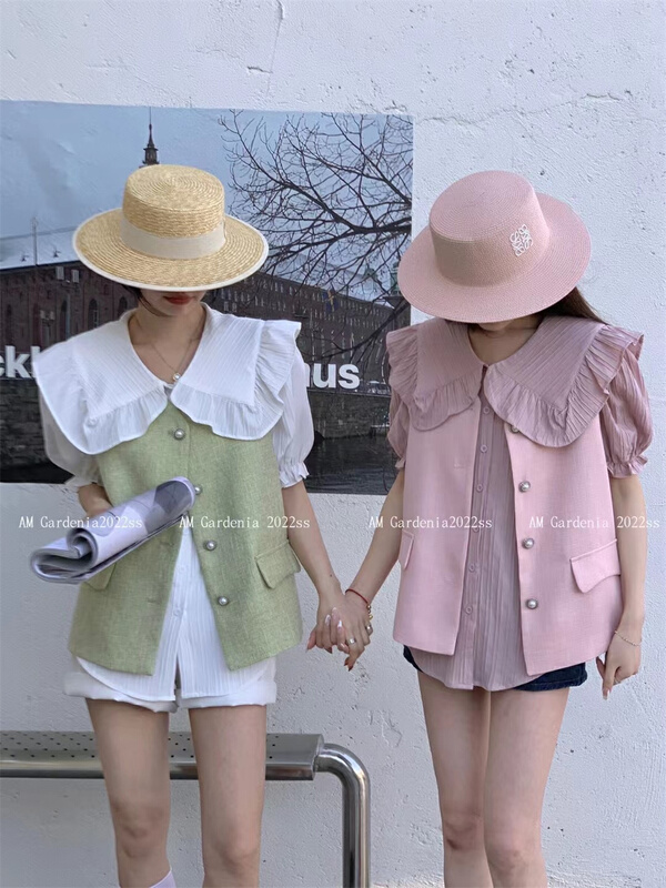 [am] simple and versatile solid color shirt + small fragrance single breasted solid color vest suit 3399# JJ
