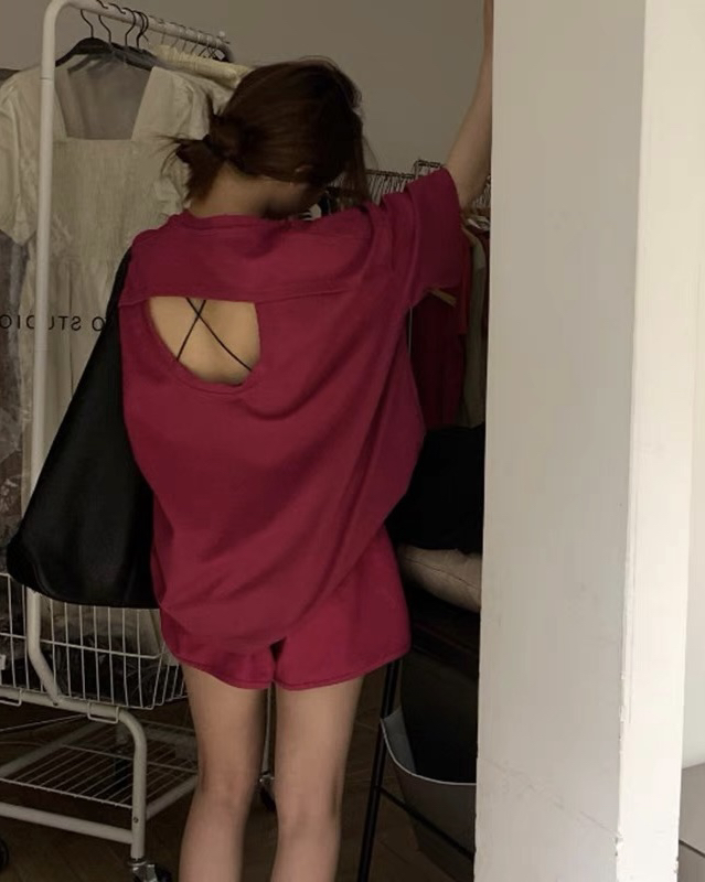 [y.jia Yijia] casual sports top, hollow out short sleeve + elastic waist casual Shorts Set (only sell set) ys1-6791# PCZ