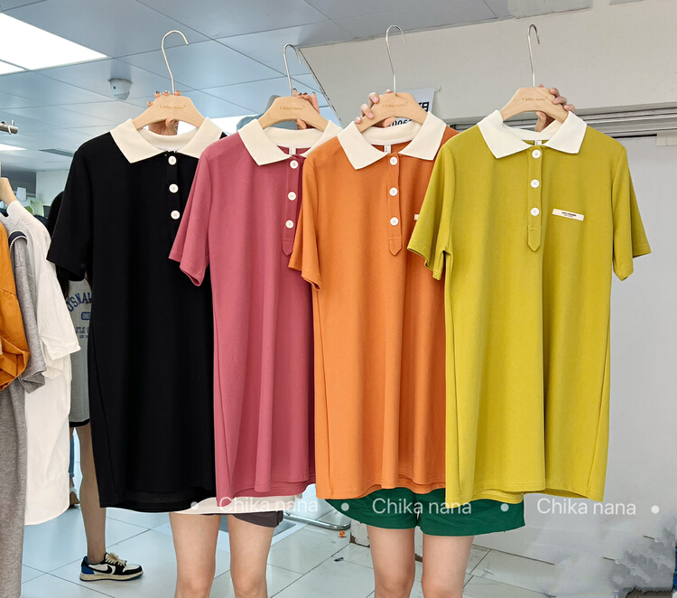 [Chika. Nana] Korean contrast Polo neck loose short sleeve fashion design dress 1198# cqw