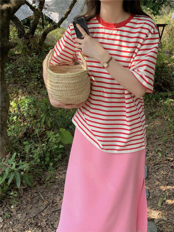 New in early summer! [I think] versatile fashion stripe Pullover short sleeve T-shirt 66255# CLS