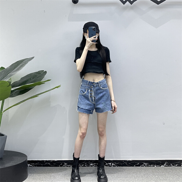 [Rebecca] stitching fake two high waist denim shorts 2299# Cl