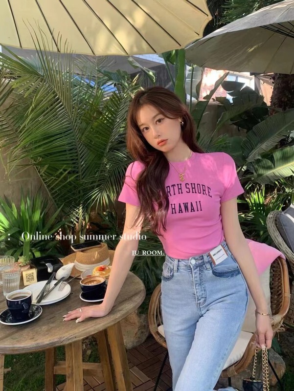 New in early summer! [IU room] simple short letter slim short sleeve T-shirt ys1-6050# XYY