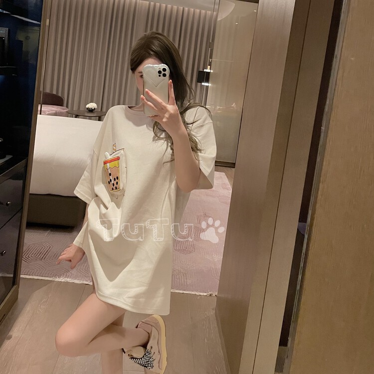 [Tutu] Korean Milk Tea printed Casual Short Sleeve T-shirt 99025# cqw
