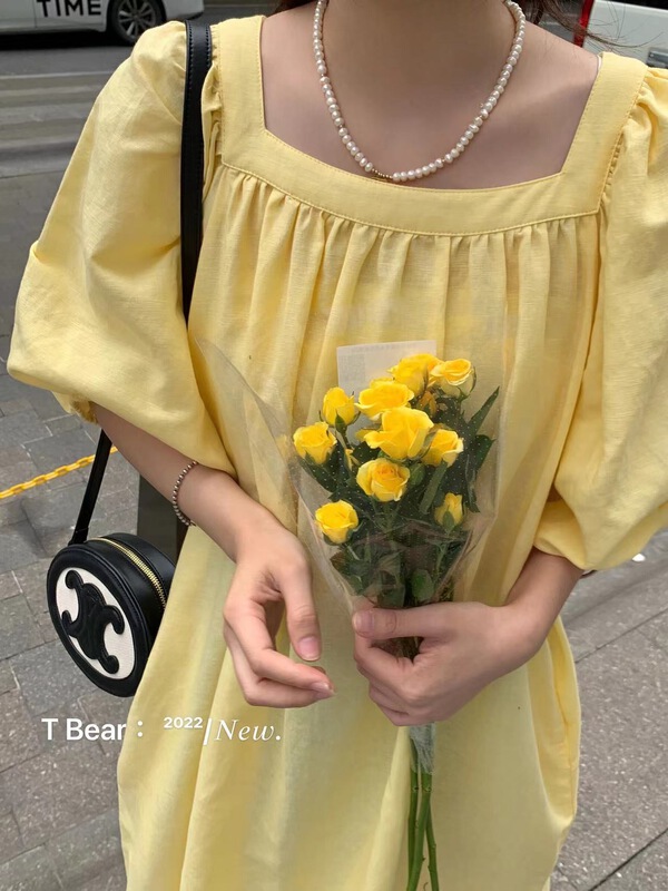 [t.bear] Korean style square neck bubble sleeve cotton linen dress 28727\zxx