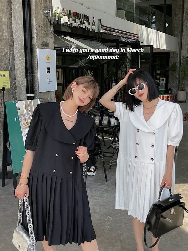 [open] Korean style large lapel pleated double breasted dress 8775# ozq