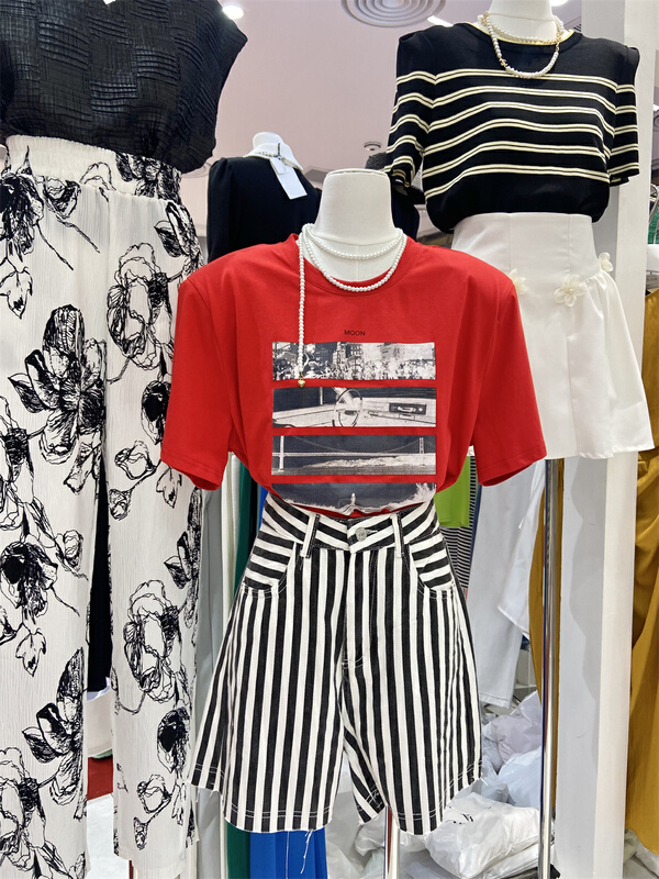 [Jun Jun] Hong Kong Style versatile fashion round tie shoulder pad short sleeve T-shirt (T-shirt only) 16869# CLS