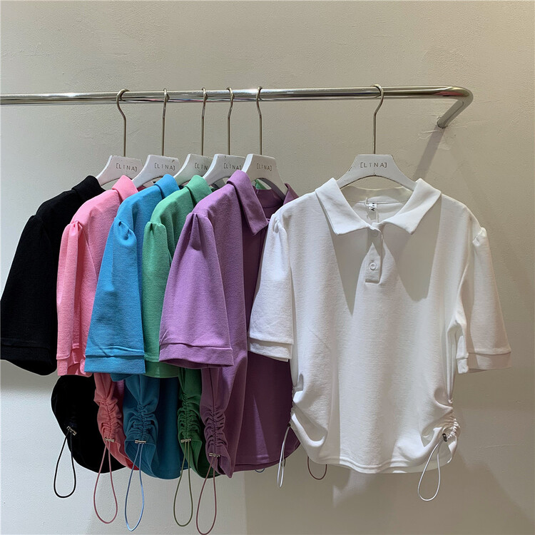 [Lina] polo collar hem drawcord short sleeve T-shirt 8927# zxx