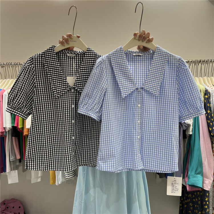 [feeding] Korean checked bubble sleeve shirt 9873-h5# cqw