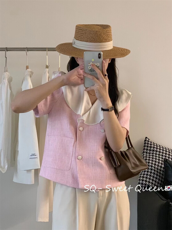 New in early summer! [sq] Korean version lotus leaf collar double breasted shirt 6680# zxx
