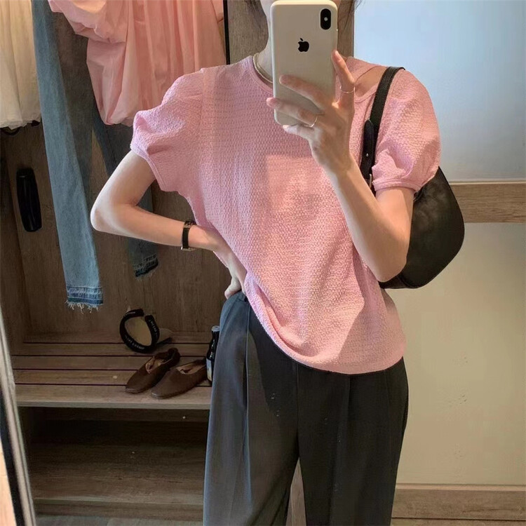 [h2-studio] crew neck hollow bubble sleeve short sleeve T-shirt a770# HBx