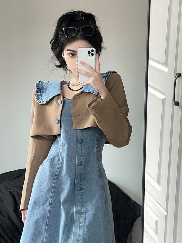 New year in early spring! [JH] net red wash denim splicing contrast color doll collar jacket ➕ Buffalo washing suit (suit only) 40967# PCZ
