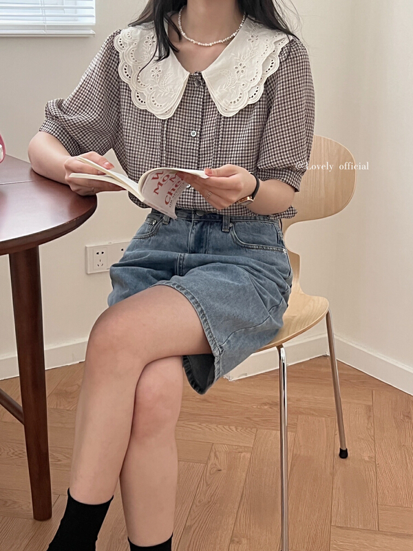 【 love 】 temperament retro doll collar versatile Plaid blouse (only selling blouses) s1567# HBx