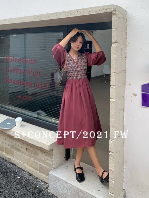 [S +] Korean lady stitched bubble sleeve lace up dress 8046# cqw