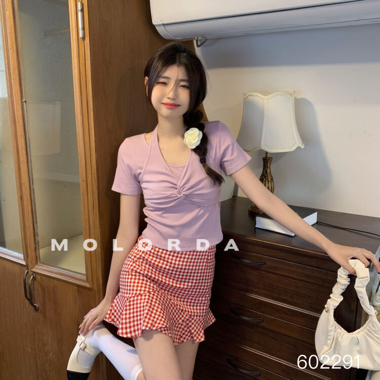 [morada] Korean fake two-piece kink design Short Sleeve T-shirt 602291# XYY