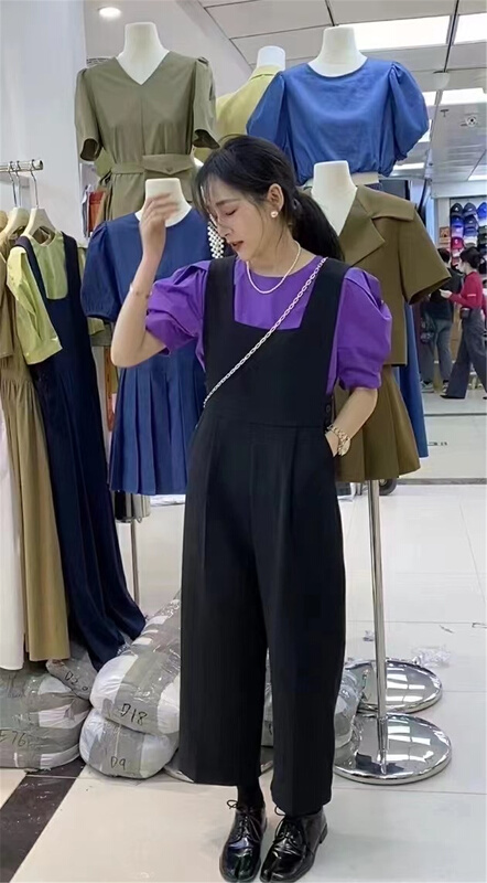 New in early summer! [3T] bubble sleeve simple short sleeve T-shirt + loose fashion suspender Pants Set 6180# XYJ
