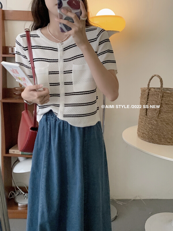 [aimi] niche temperament double pocket stripe crew neck knit cardigan 13693# HBx