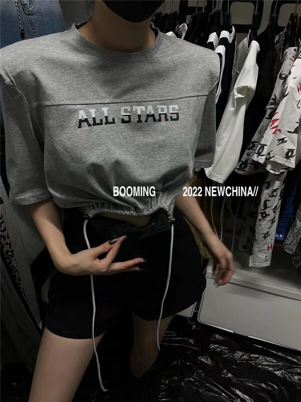 [booming] shoulder pad drawstring fashion short sleeve T-shirt 2341# zxl