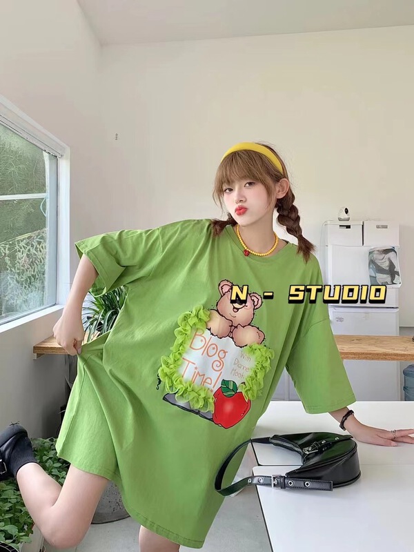 【N】 Korean mesh lace bear print short sleeve T-shirt 0862# WTT