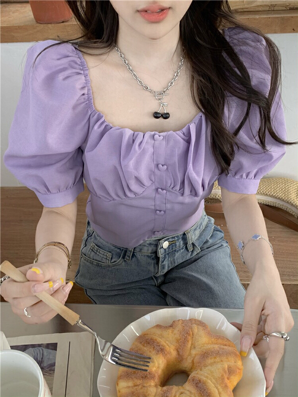 [Doudou family] sweet bubble sleeve short sleeve square neck blouse 88290# CLS