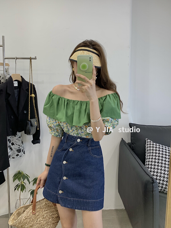 goods in stock! New in early summer! [y.jia Yijia] age reduced one shoulder lotus leaf Top + design jeans skirt suit ys1-3309# PCZ