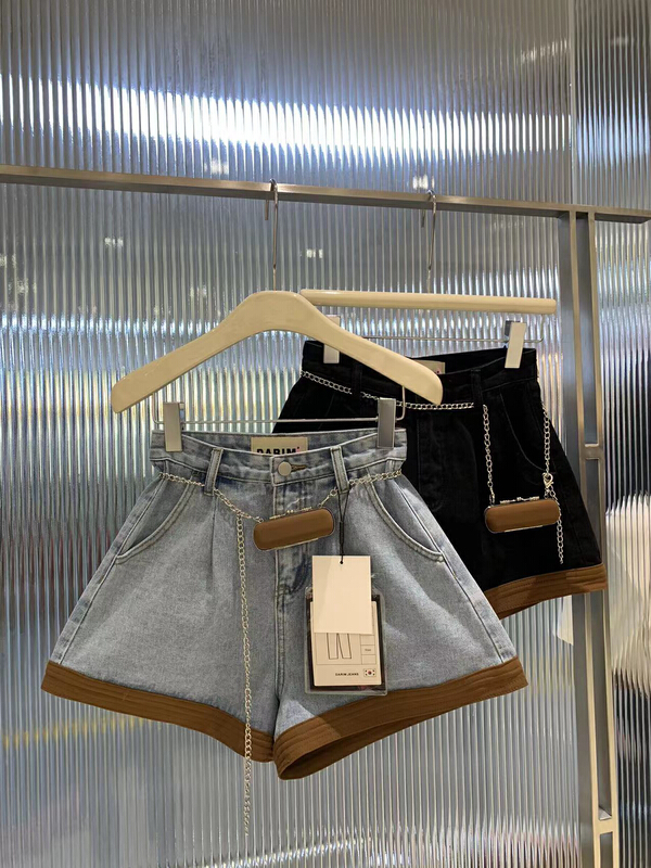 New in early summer! [by flow] Korean crimped contrast color denim shorts (with waist bag and belt) w405# XYY