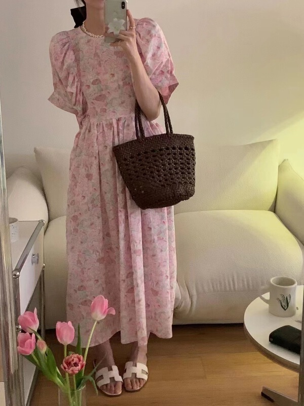 [sunny] Korean lady round neck Printed Dress 1950# hjy