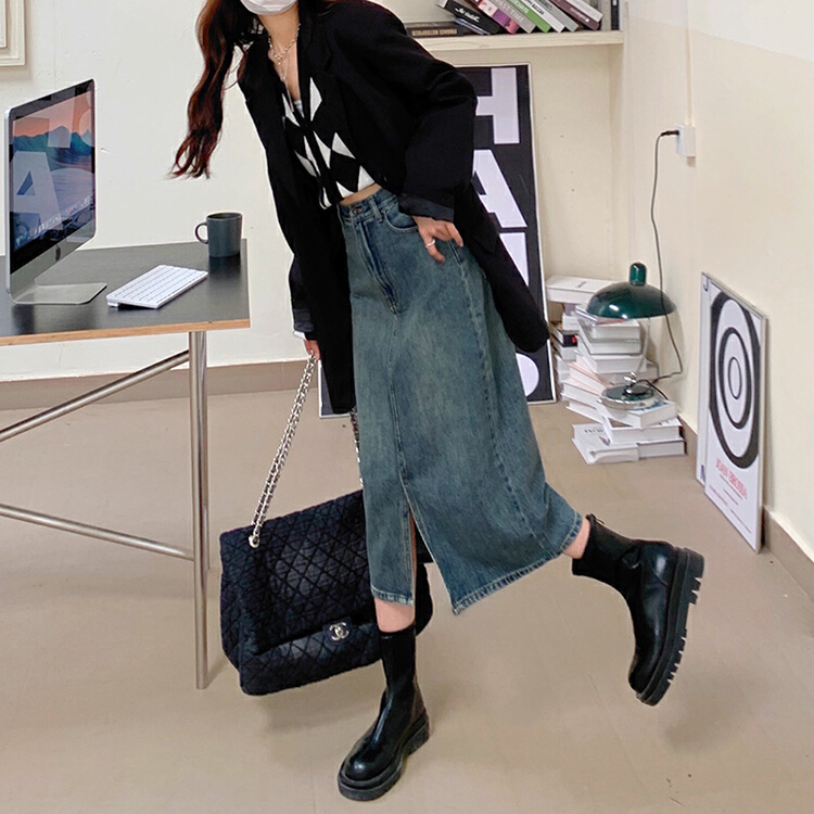 Early winter NEW! [timely rain] Vintage high waist split thin denim skirt (excluding top) 7215# YYW