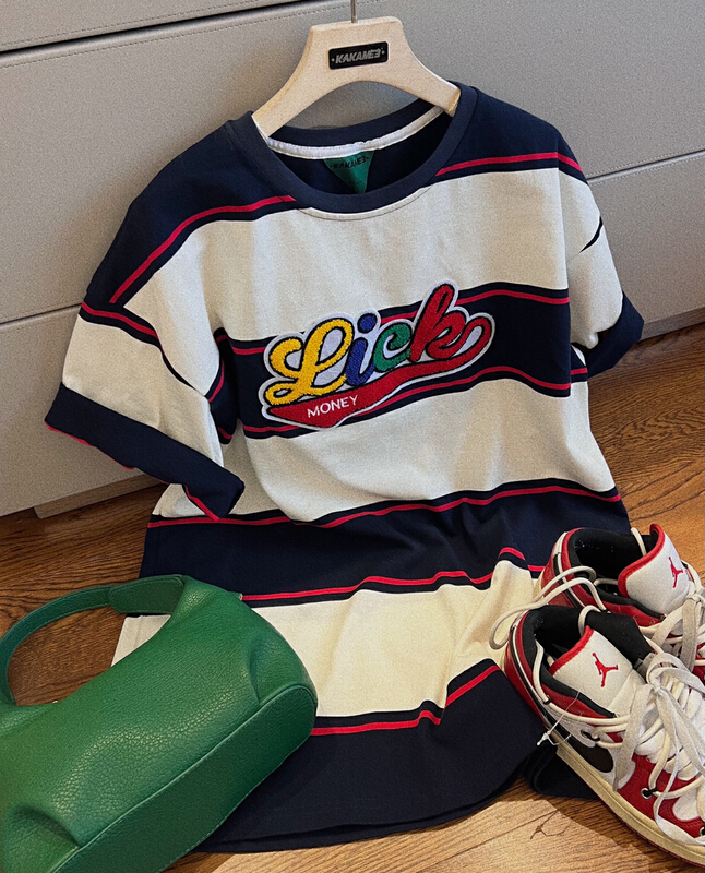 [kakamee] embroidered lettered chaplet stripe short sleeve T-shirt 3868# LSL