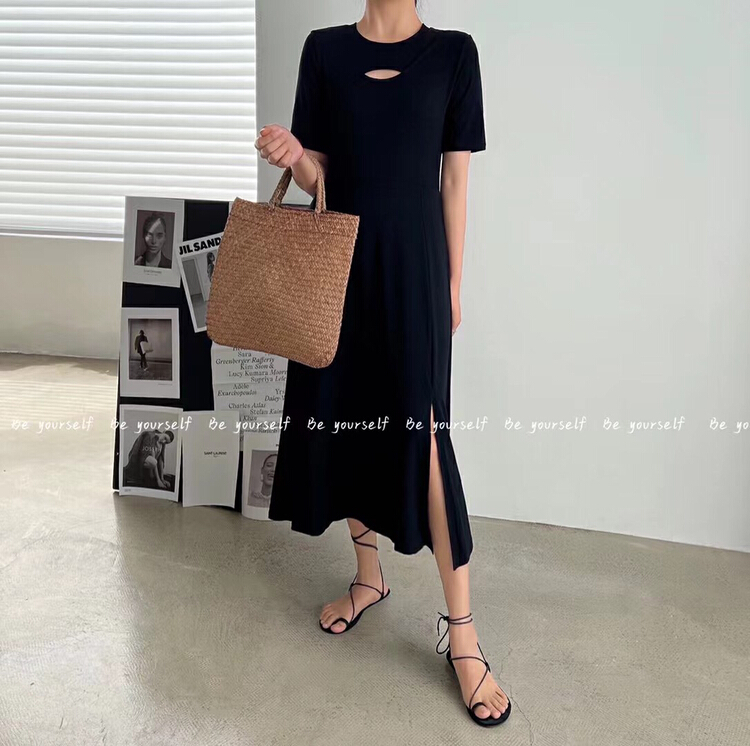 [be your self] Korean versatile hollow out design slit dress q66176# LSL