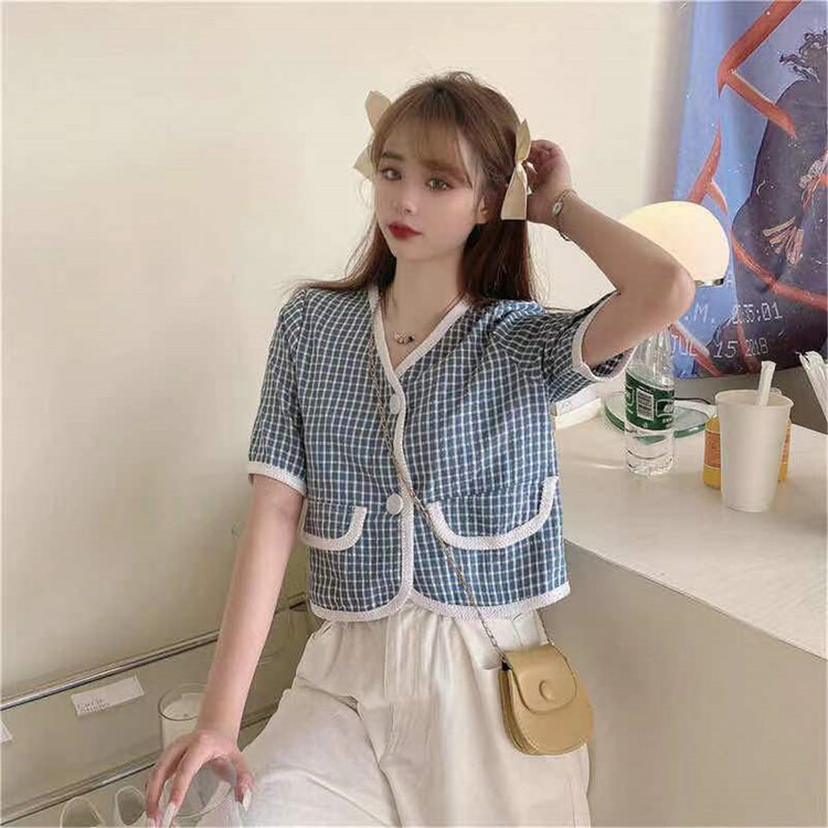 New in early summer! [Xiangli] Korean V-neck plaid shirt 8926# PCZ