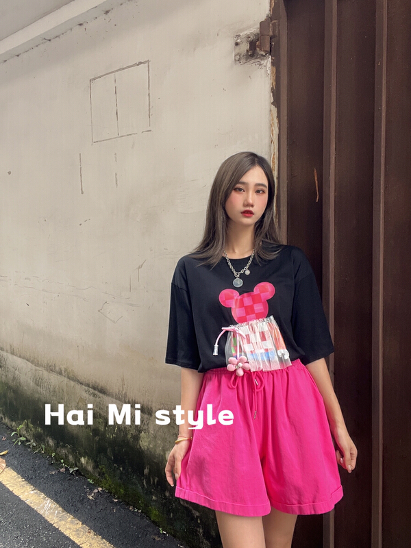 [Haimi] lace edge craft Mickey printed short sleeve T-shirt 1838# WTT