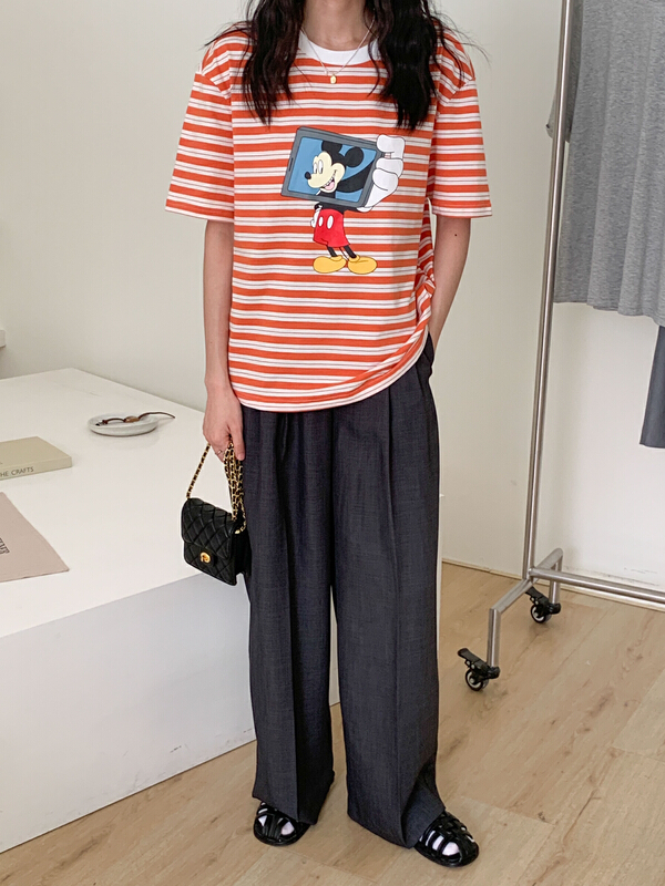 New in early summer! [Tn] stripe crew neck cartoon printed short sleeve T-shirt t3232# cqw