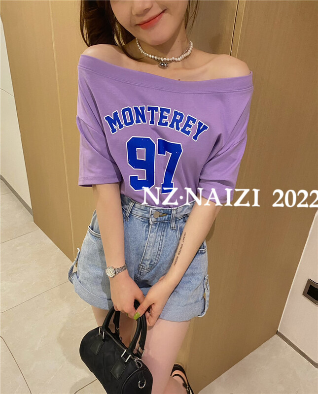 [Naizi] one shoulder digital printed short sleeve T-shirt (T-shirt only) 8087# ozq