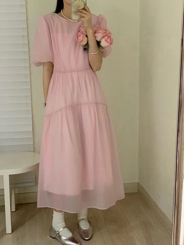[baby] Korean solid color loose bubble sleeve Tencel dress 8609# WTT