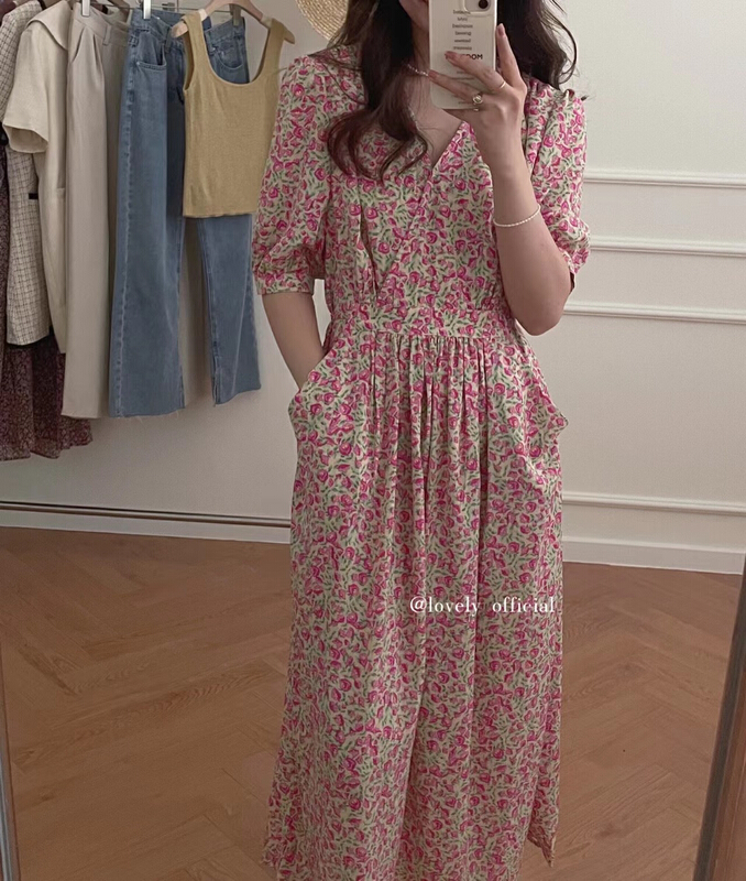 [love] French romantic floral V-neck short sleeve dress s0968# HBx