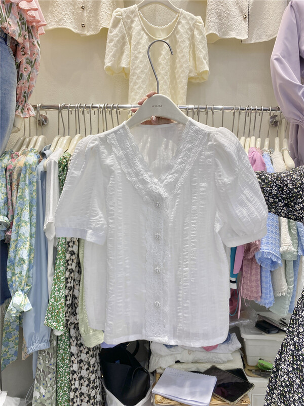 goods in stock! New in early summer! Zxx # lace sleeved bubble shirt
