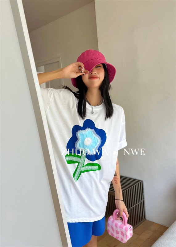 [buyer Yan Xuan zhuowa] Korean floret loose round neck short sleeve T-shirt 6016# Cl