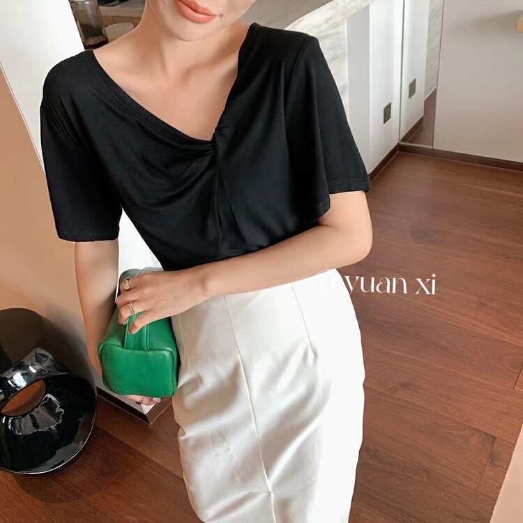 New in early summer! [Yuanxi] design sense V-neck versatile short sleeve T-shirt ys3-3043# LSL