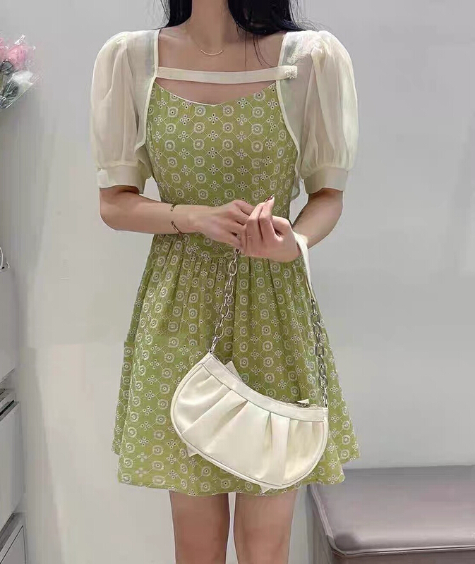 [JH] net red sky silk sunscreen Top + embroidered suspender Dress Set (only sell set) 41592# PCZ