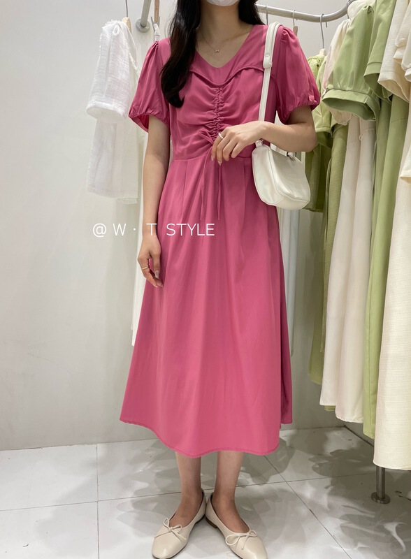 [wt] V-neck wrinkled waist slim dress 6098# HBx
