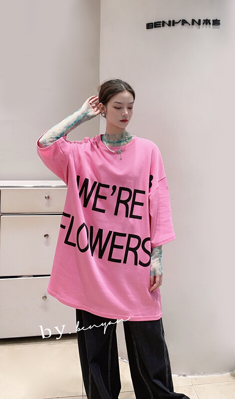 New year in early spring! [benyan] Korean alphabet print medium length loose short sleeve T-shirt 7615# zxx