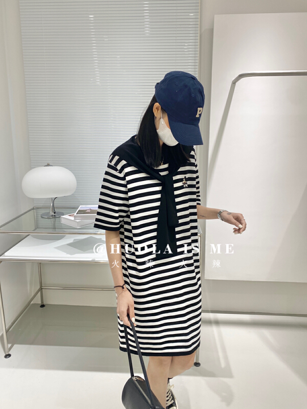 【火辣HUOLA IS ME】米奇刺繡撞色條紋休閒風寬鬆連衣裙  7569#  CQW