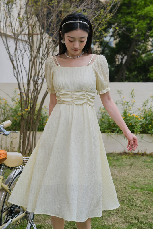 New in early summer! [purple edge] French style square neck waist dress 9218-1# zxx