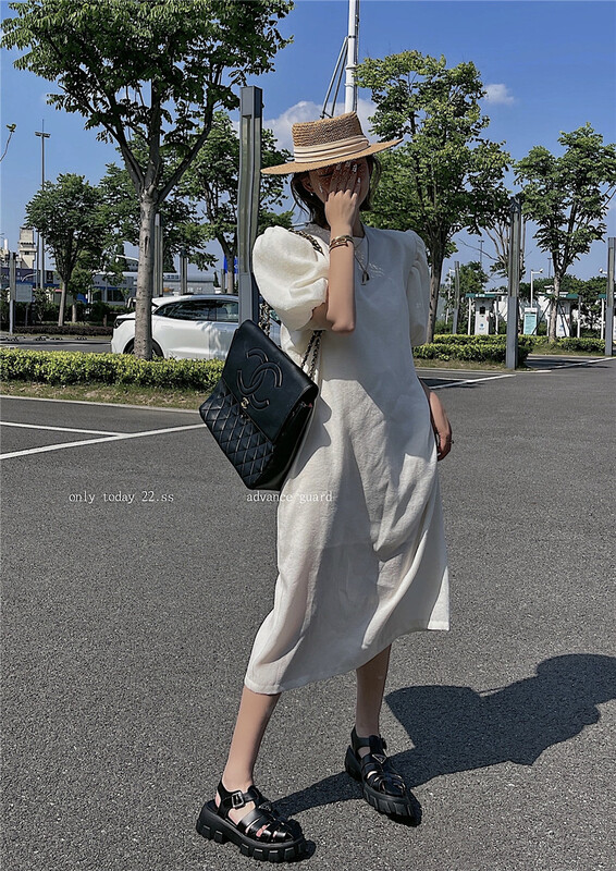 [open] round neck loose bubble sleeve dress (dress only) 3799# ozq