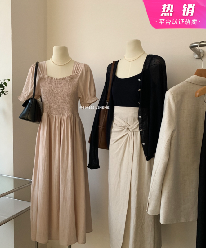 [Imiss] Korean fairy gentle square neck bubble sleeve dress (without bag) cx6311# LSW
