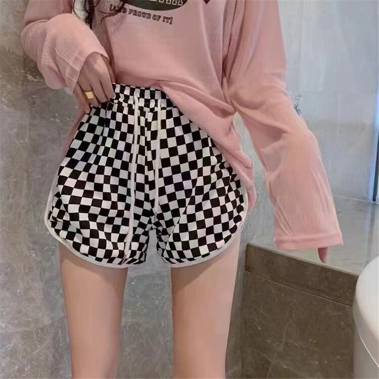 [M.I.C] comfortable drawstring elastic waist checkerboard casual shorts w2262# ozq