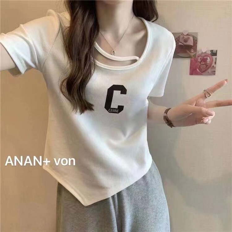 [Anan +] lettered print Pullover short sleeve T-shirt 2089# WTT